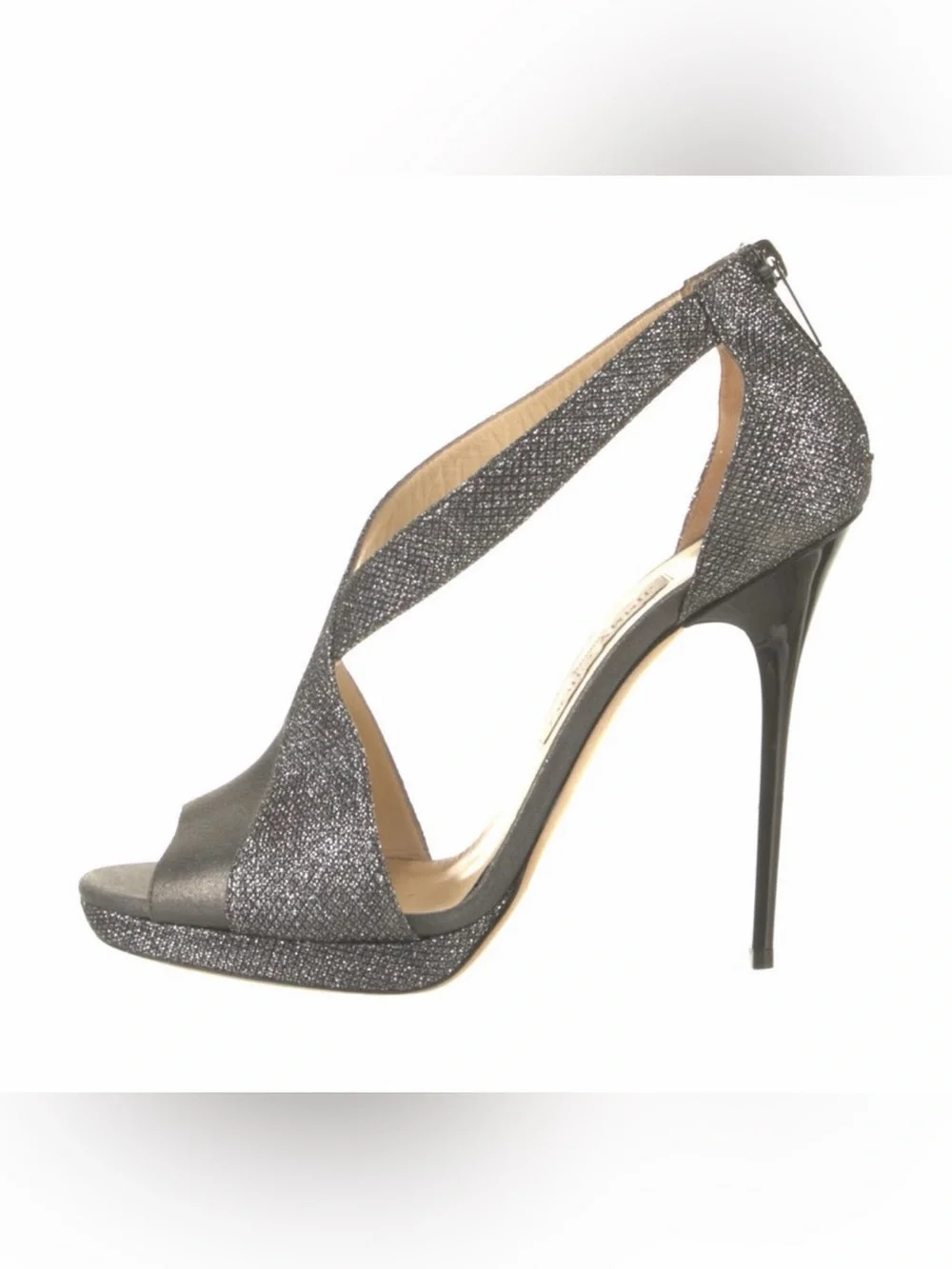 Jimmy Choo Glitter Cross-Strap Platform Heels in Gunmetal Sparkle